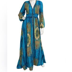 Gracia Turquoise Multicolor Printed Maxi Dress – Smocked Waist, Statement Style